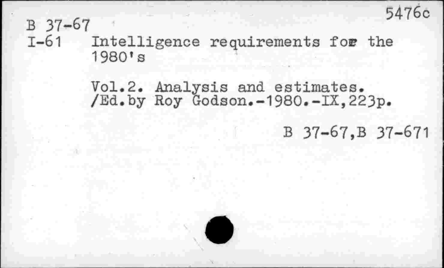 ﻿B 37 1-61
5476c
67 Intelligence requirements foe the 1980’s
Vol.2. Analysis and estimates.
/Ed.by Roy Godson.-1980.-IX,223p»
B 37-67,B 37-671